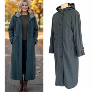 Women's Vintage Slate Gray Long Trench Coat Hood Size 12 Large Wool Lined